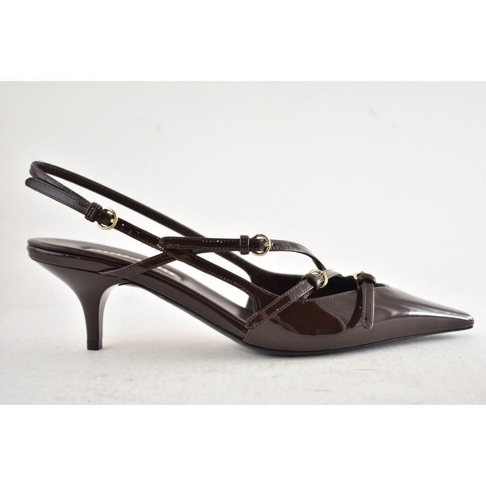 Miu Miu 55 Cacao Brown Patent Buckle Trio Pointed Slingback Kitten Heel Pump 38 - Picture 2 of 16